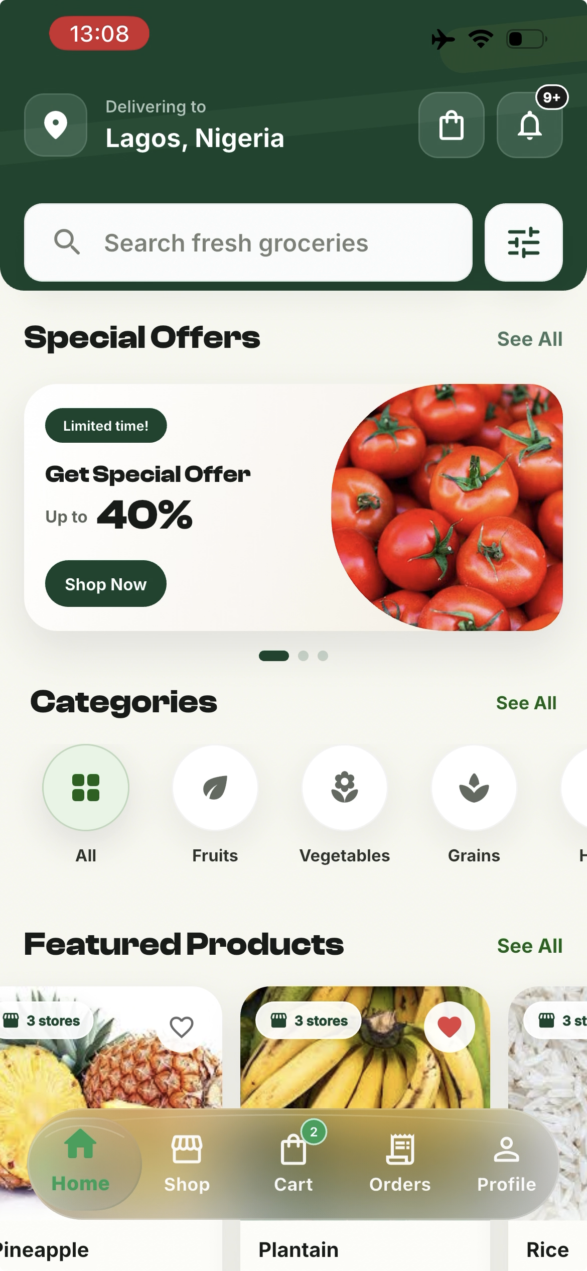 Konig customer app home screen with grocery search, special offers, categories, and products
