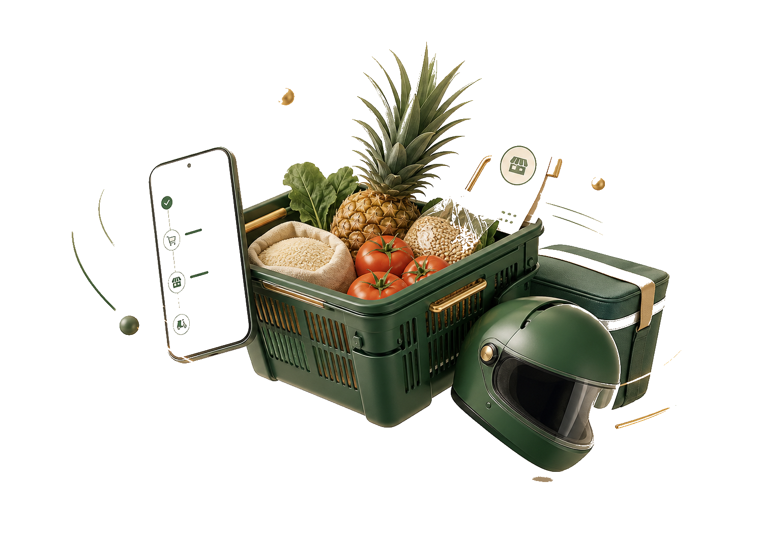A polished grocery, vendor, and delivery system object representing Konig