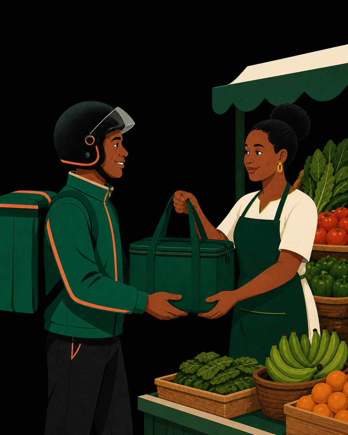 Illustration of a rider collecting a packed order from a vendor