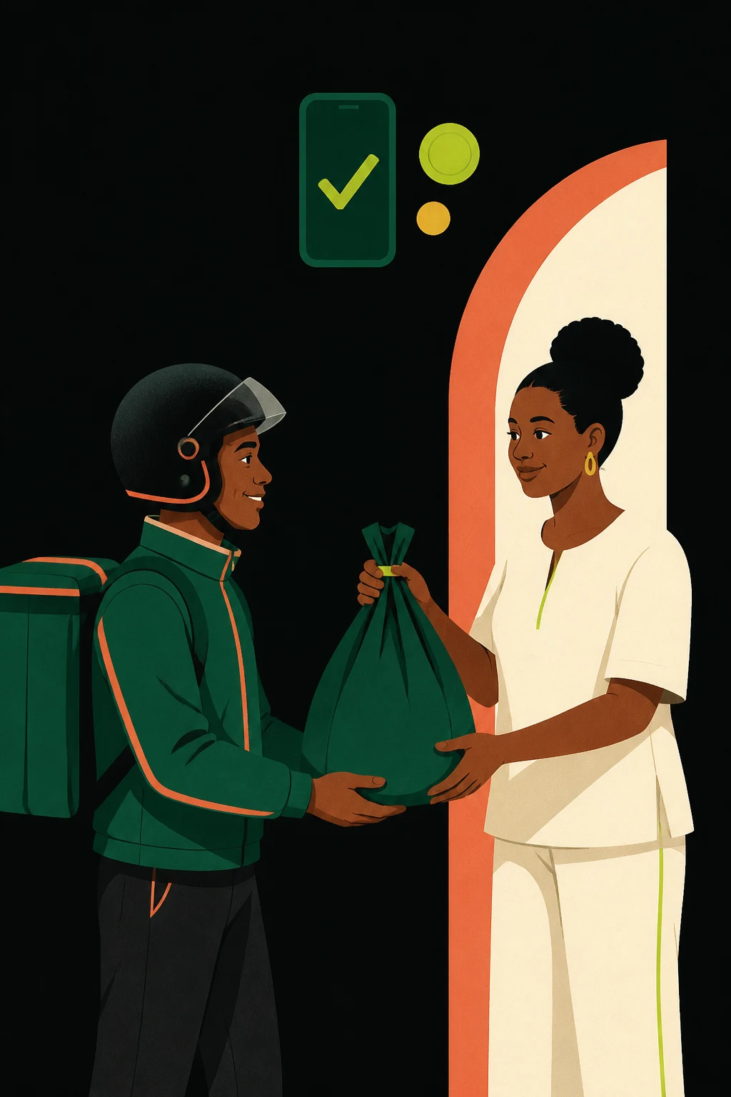 Illustration of a rider completing an order at a customer's door