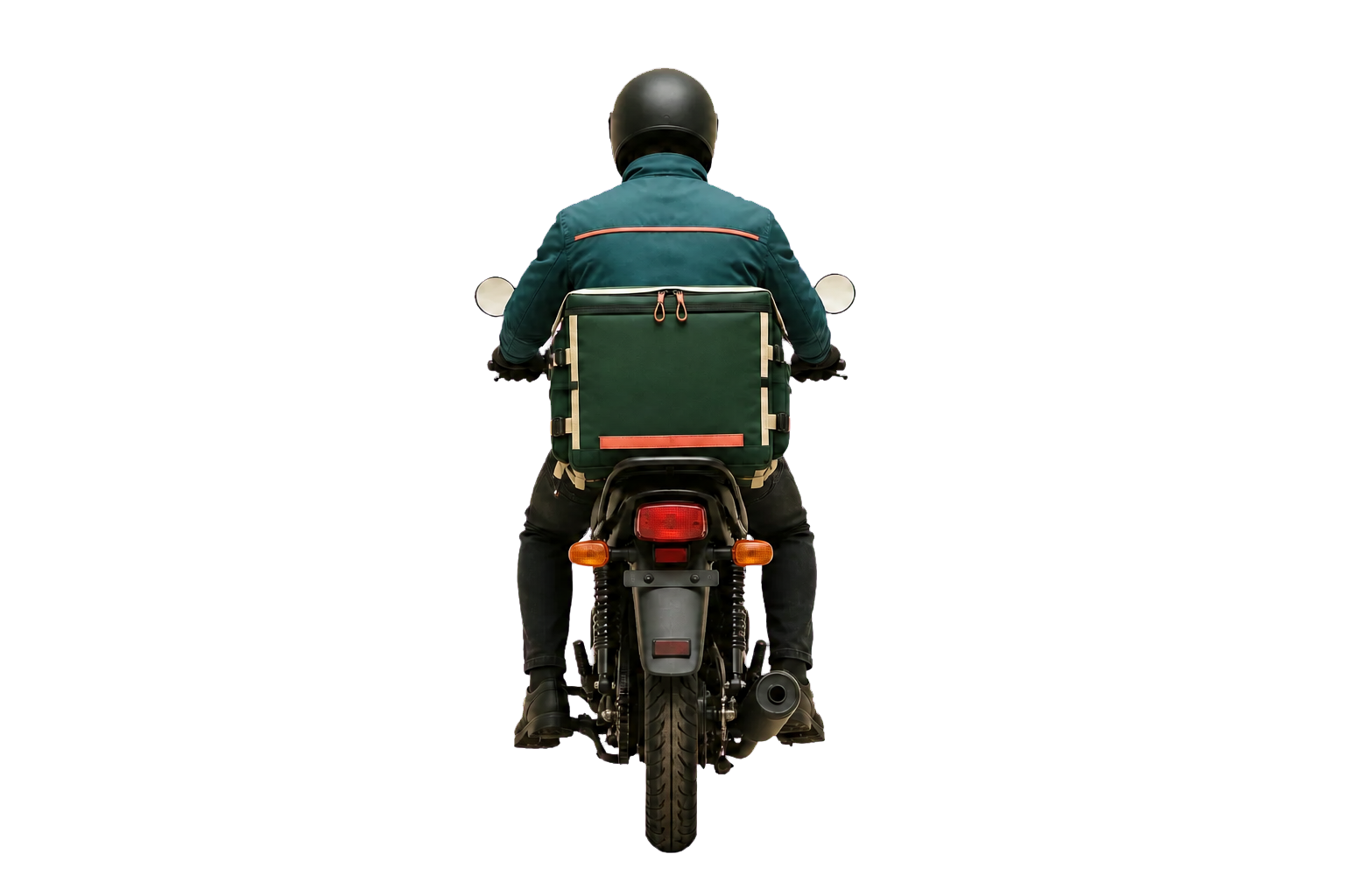 A Konig grocery rider ready to leave on a motorcycle