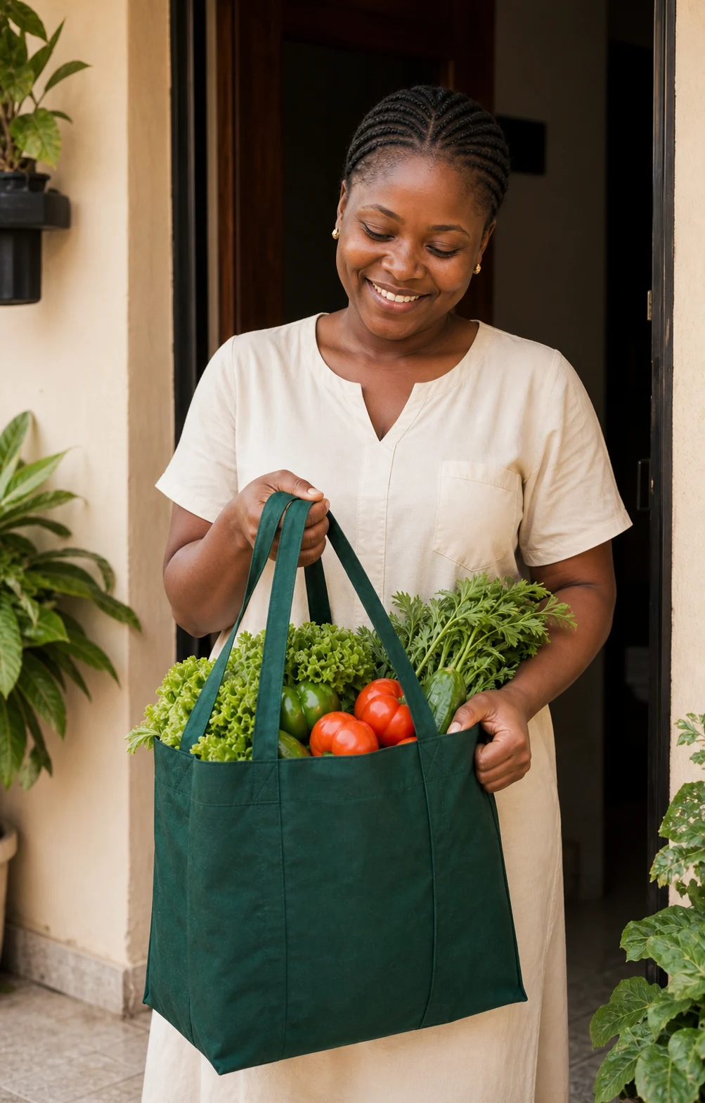 A happy customer receiving a grocery delivery at home