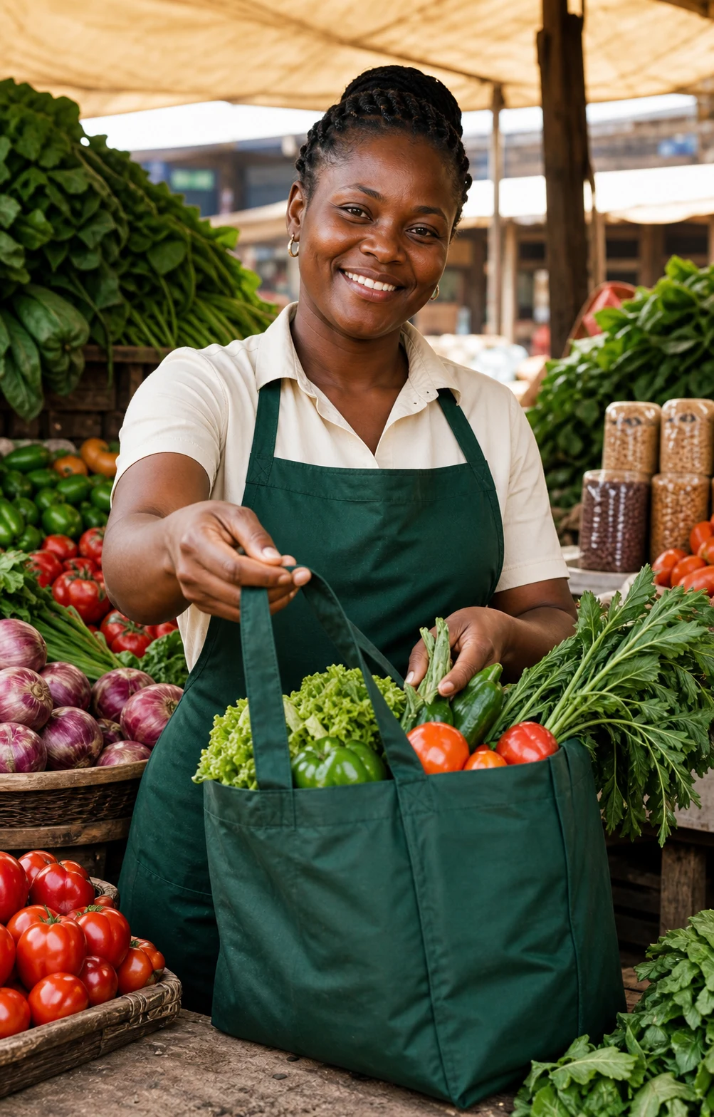 A market vendor presenting a freshly packed grocery order